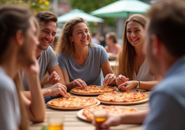 Un gruppo di amici sorridenti che mangia pizza